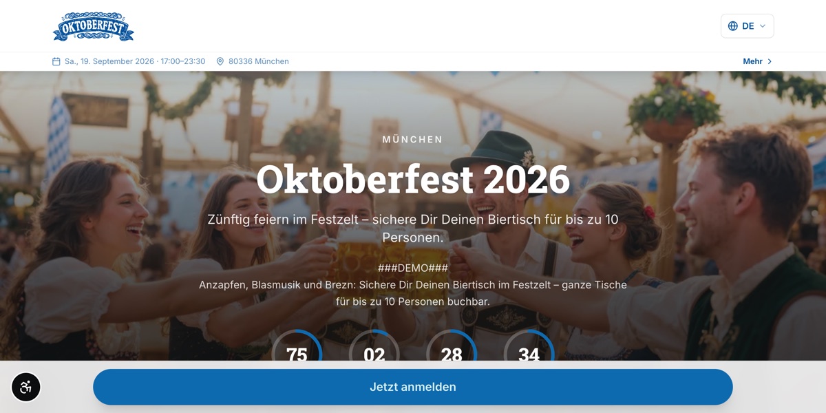 Oktoberfest 2026 – Eventseite mit Saalplan